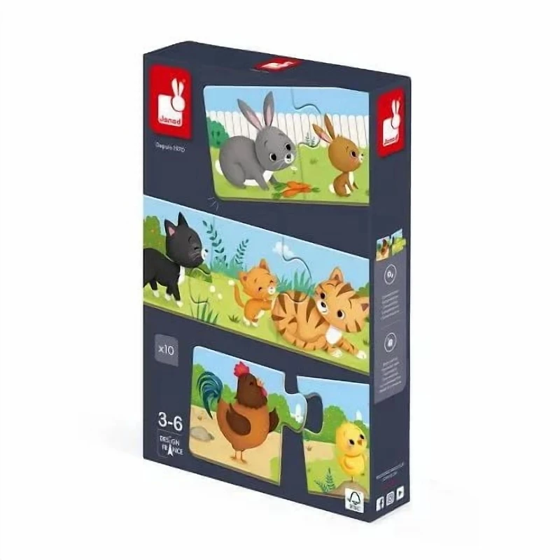 Janod - À partir de 3 ans - Puzzle Trionimo - 10 puzzles de 3 pièces - 30 pièces - Animaux - Carton FSC - Jeux de mémoire et d'association