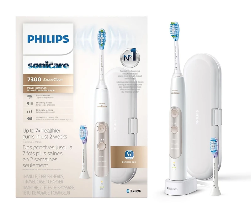 Philips Sonicare ExpertClean 7300 Brosse à Dents Électrique avec Bluetooth & Étui de Transport, HX9610/16, Blanc Élimine jusqu'à 10 fois plus de plaque