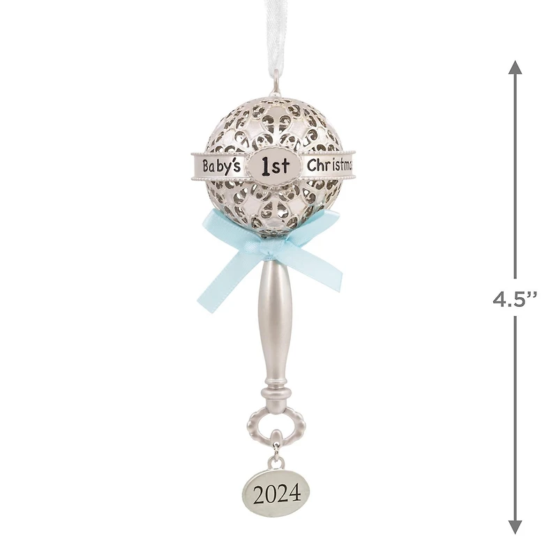 Hallmark Christmas Ornament (Baby's First Christmas Silver Baby Rattle With Blue Ribbon 2024 Premium Metal)