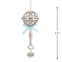 Hallmark Christmas Ornament (Baby's First Christmas Silver Baby Rattle With Blue Ribbon 2024 Premium Metal)