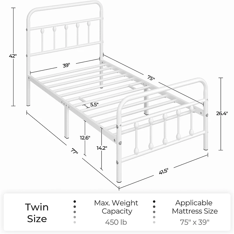Fullfurnique Lit de plateforme métallique avec tête et pied de lit hauts pour adultes, Twin, Blanc