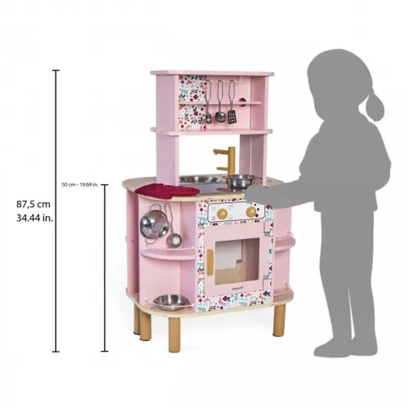 Janod Twist Cuisine - Cuisine en Bois Extensible Double Face avec 8 Accessoires - 86 cm de Hauteur - Jeu de Simulation - Pour les Enfants de 3 à 6 Ans