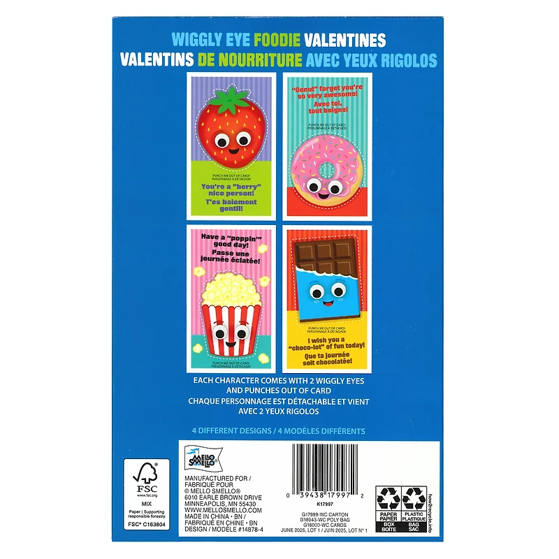 16 Valentins de nourriture avec yeux rigolos