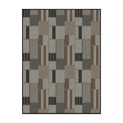 Mainstays tapis utilitaire intérieur/extérieur moderne à blocs géométriques taupe, gris et brun, 3' x 4', endos en vinyle, facile d’entretien