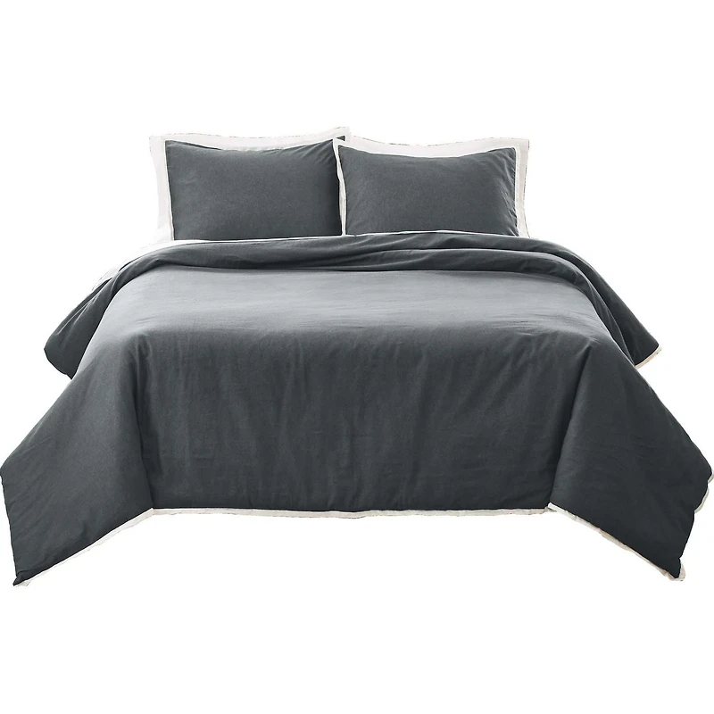 Better Homes & Gardens 3-Piece Soot Grey Linen Duvet Set, Adult King, Corner & side interior ties. Hidden Button Closure. Envelope Closure on Shams.