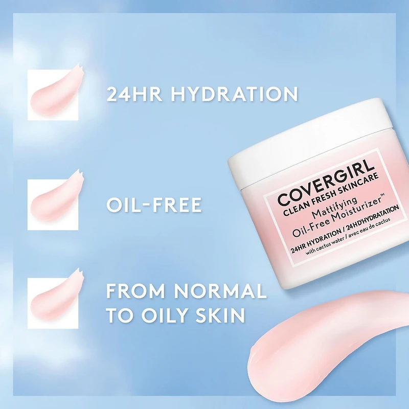 COVERGIRL Clean Fresh Skincare Mattifying Oil-Free Moisturizer, 60ml. Mattifying face moisturizer formulated with Cactus Water for 24HR Balanced Hydration, 100% Vegan & Cruelty-Free, 60ML Moisturizer