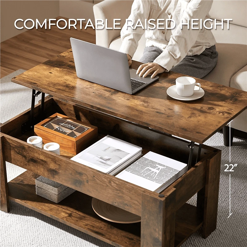 Fullfurnique Lift Top Coffee Table with Hidden Compartment & Open Shelf, Rustic Brown