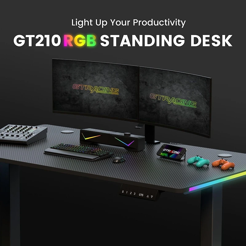 GTRACING hauteur réglable RVB électrique assis ou Stand bureau d’ordinateur avec lumières LED pour adultes , noir Contrôles Bluetooth/app, réglable en hauteur