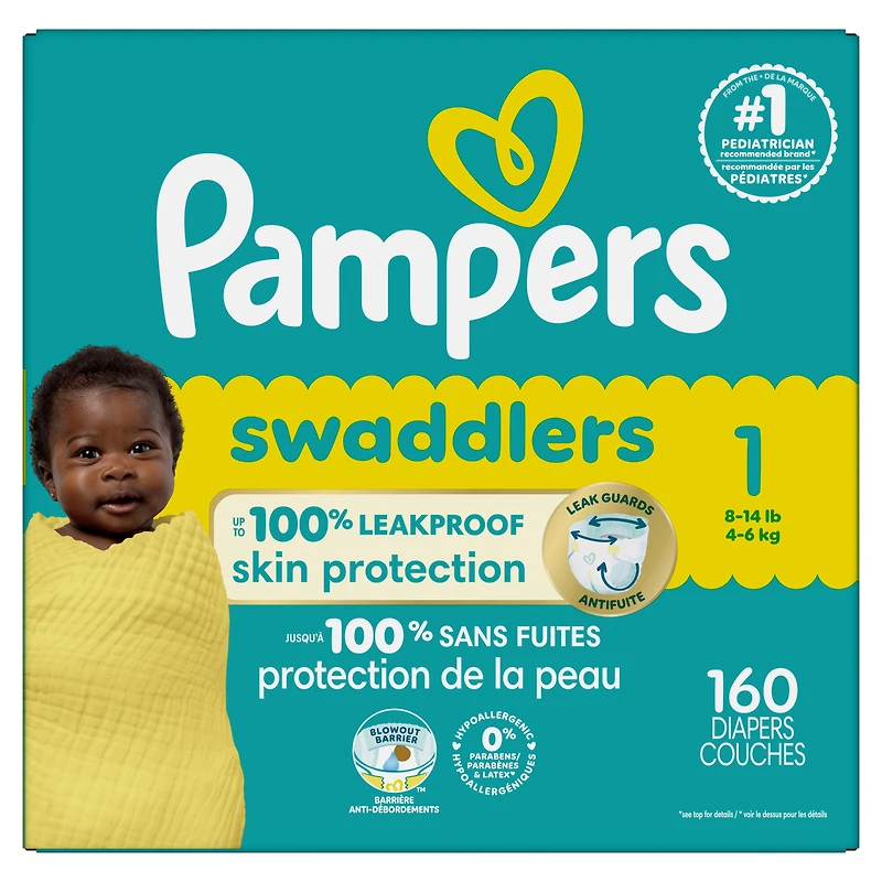 Pampers Swaddlers Couches, Taille 1 (8-14 lbs), Absorbantes, Garde Bébé au Sec et Confortable, Couche Jetable pour Bébé Sécuritaire pour la Peau