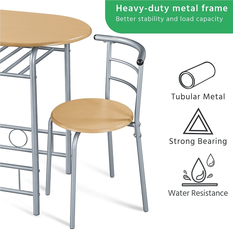 Fullfurnique Modern 3-piece Round Dining Table and 2 Chairs Set with Steel Legs, Natural