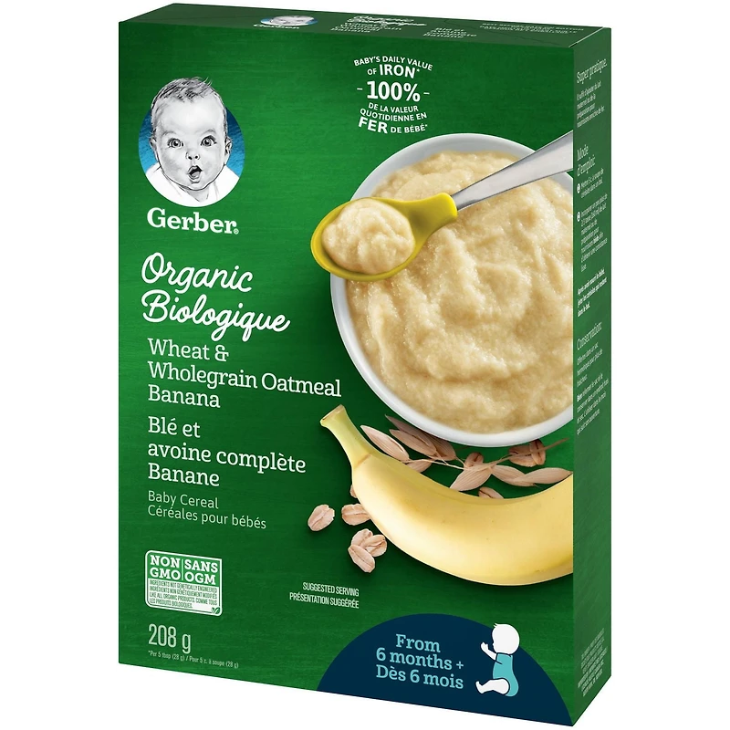 GERBER® Biologique Blé et avoine entière Banane cér. pour bébés 208 g 208 GR