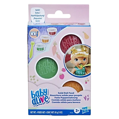 Baby Alive, nourriture solide pour poupée, inclut 3 pots de nourriture, 1 fourchette, accessoires pour enfants, à partir de 3 ans
