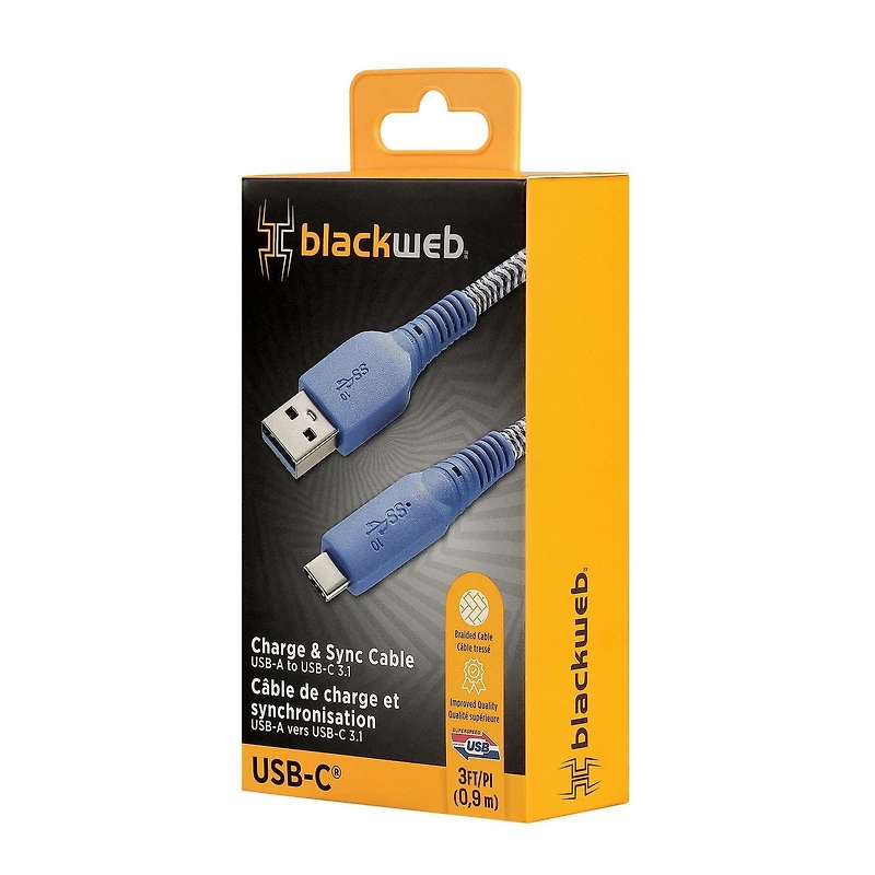 blackweb 3 FT USB-A to USB-C 3.1 3-Foot Charge and Sync Cable with Durable Braided Cable