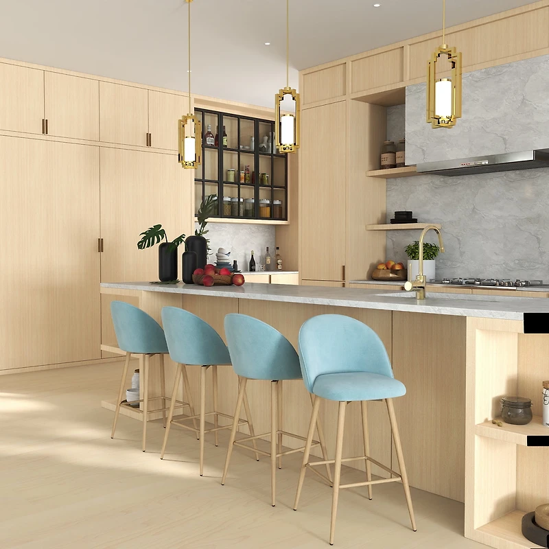 Lot de 4 tabourets de bar modernes Homy Casa, pivotants à 360°, siège rembourré confortable, tissu élégant et pieds en chêne, bleu