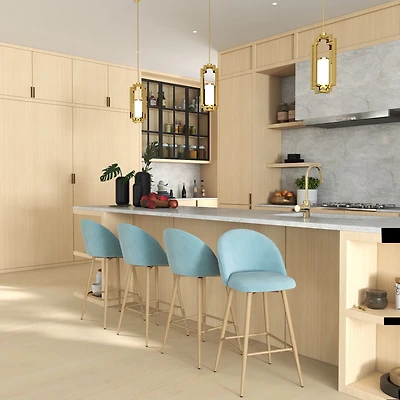 Lot de 4 tabourets de bar modernes Homy Casa, pivotants à 360°, siège rembourré confortable, tissu élégant et pieds en chêne, bleu