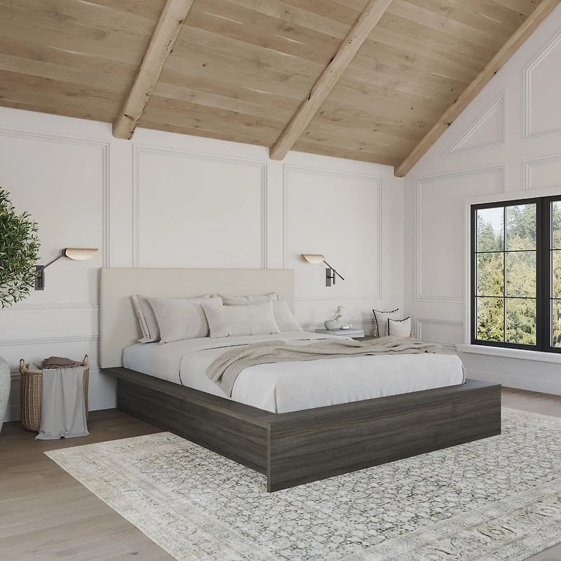 Ensemble de chambre à coucher Jane 3 pièces avec lit queen size, tête de lit rembourrée et table de chevet