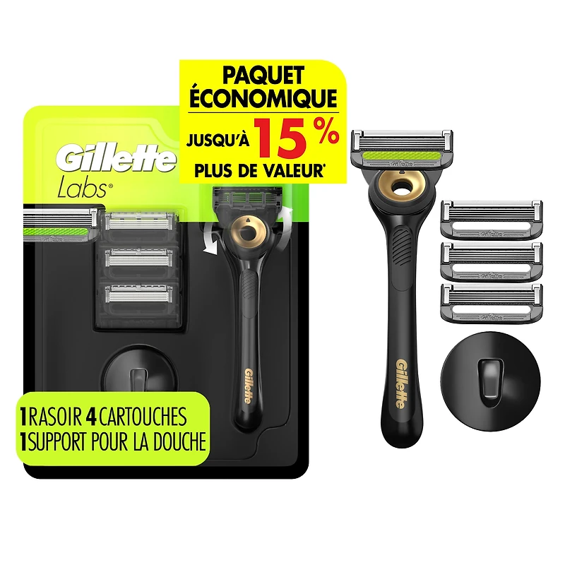 Rasoir Gillette Labs avec barre exfoliante pour hommes, édition noire et dorée, 1 manche, 4 cartouches de rechange, 1 support magnétique pour la douche 1CT