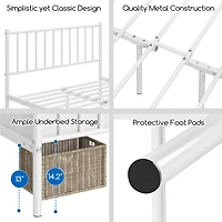 Fullfurnique Minimalist Metal Bed Frame with Vertical Bar Headboard and Footboard, Queen, White