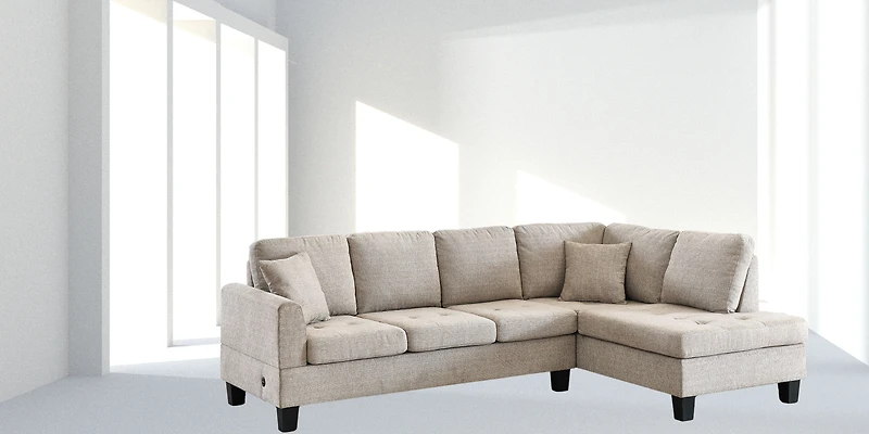 K-Living Almond Fabric Sectional with Two Accent Pillows