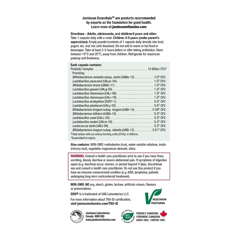 Jamieson Probiotic 10 Billion Active Cells, Gut Flora Support, for Complete Intestinal & Digestive Health. 14 Unique Strains to Improve Microbial Diversity, with Bifidobacterium and Lactobacillus, Non, 60 Capsules