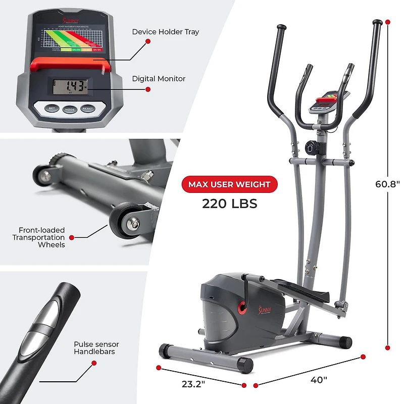 Sunny Health & Fitness Performance Compact Elliptical Machine with 8-Level Adjustable Resistance, Pulse Sensor & Exclusive SunnyFit App Enhanced Bluetooth Connectivity