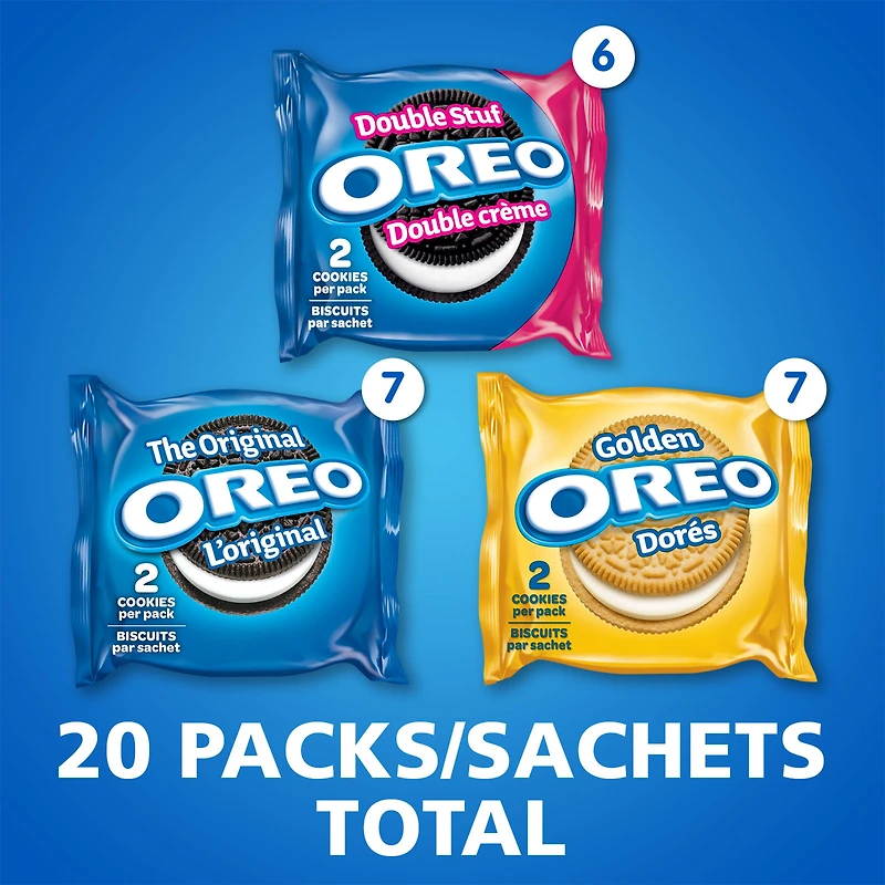 OREO, 20 Snack Packs (Individually Wrapped), 40 Cookies, School, Lunch, Birthday Party, Bulk Variety Pack of OREOs Original Chocolate & Double Stuf & Golden Vanilla Sandwich Cookies