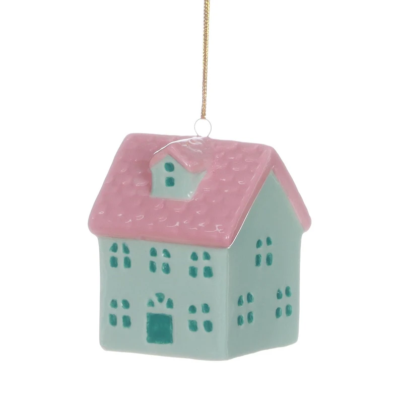 HOLIDAY TIME GREEN CERAMIC VILLAGE ORNAMENT