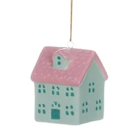 HOLIDAY TIME GREEN CERAMIC VILLAGE ORNAMENT