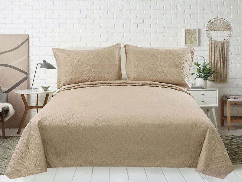 Marina Decoration Solid Embossed Pinsonic Coverlet Bedspread Bedding Ultra Soft Summer Quilt Set with Shams, Taupe Color
