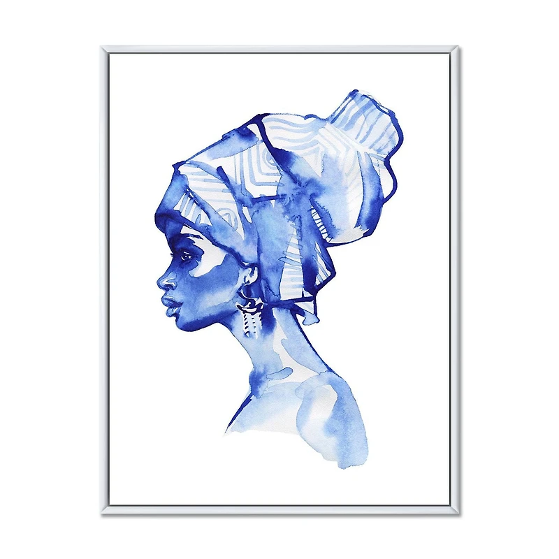 Designart Portrait de mode bleu de femme afro-américaine ART MURAL À CADRE FLOTTÉ