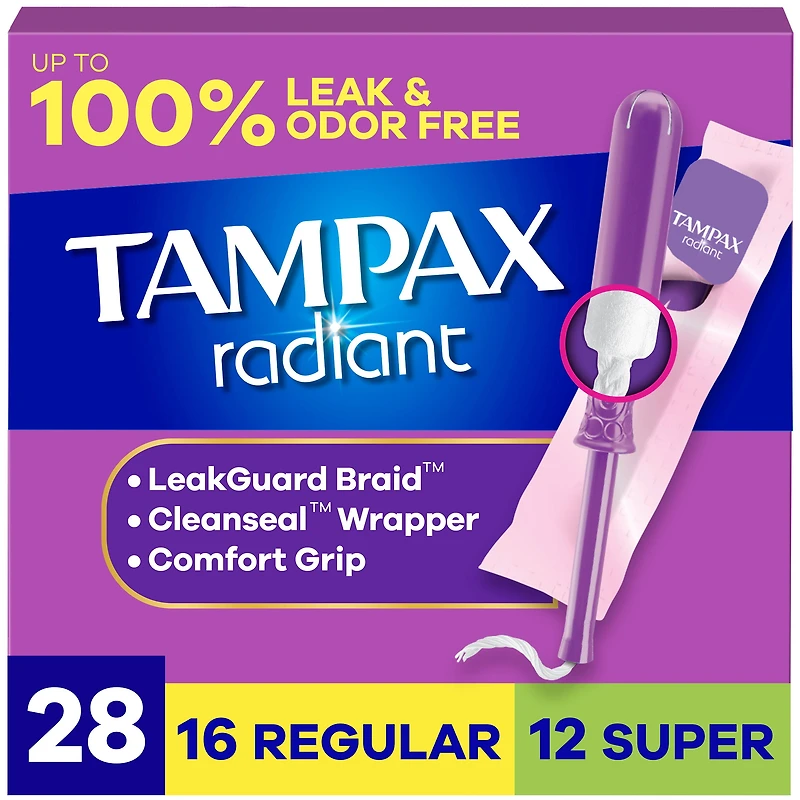Tampax Radiant Tampons Multipack, with LeakGuard Braid, Regular/Super Absorbency, Unscented, 28CT