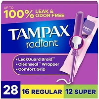 Tampax Radiant Tampons Multipack, with LeakGuard Braid, Regular/Super Absorbency, Unscented, 28CT