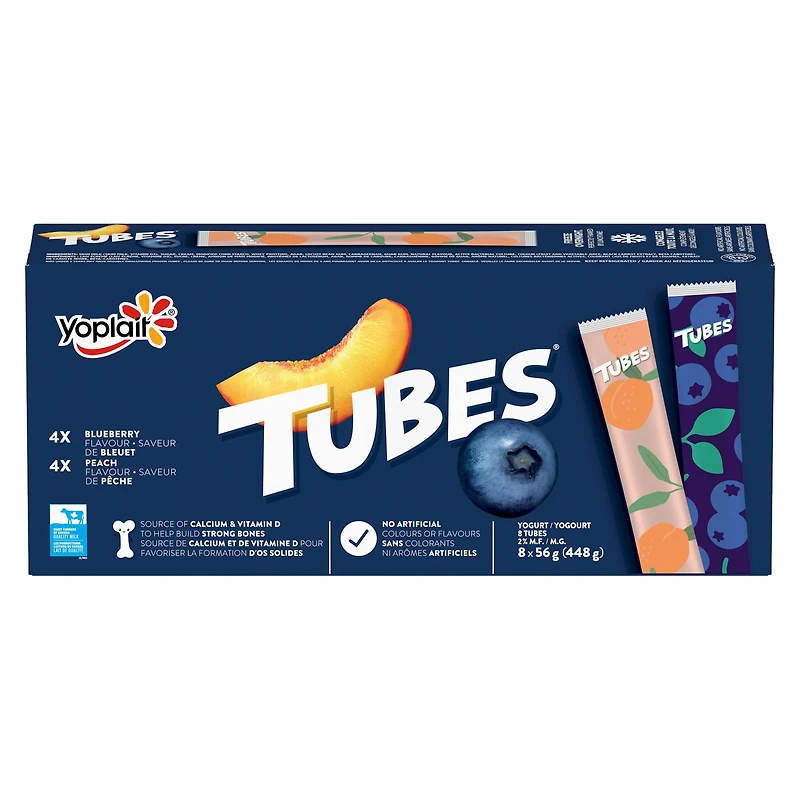 Yogourt en tube Yoplait 1 %, pêche et bleuet, collations au yogourt pour enfants, 56 g, 8 unités