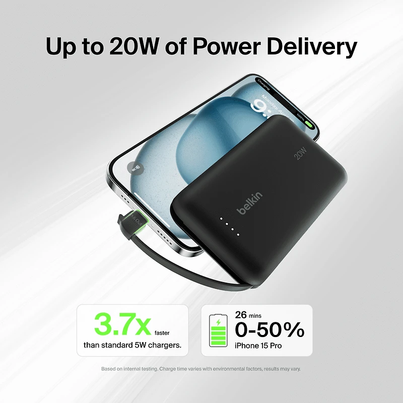 Belkin BoostCharge Portable Power Bank, 2.2in/5.7cm Integrated Cable 10,000mAh PD 20W Fast Charge USB-C Power Delivery, Portable iPhone Charger for iPhone 15 Series, iPad Pro, Galaxy S24 & More Black, BEL 10K 20W CABLE PWRBNK BLK