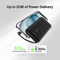 Belkin BoostCharge Portable Power Bank, 2.2in/5.7cm Integrated Cable 10,000mAh PD 20W Fast Charge USB-C Power Delivery, Portable iPhone Charger for iPhone 15 Series, iPad Pro, Galaxy S24 & More Black, BEL 10K 20W CABLE PWRBNK BLK