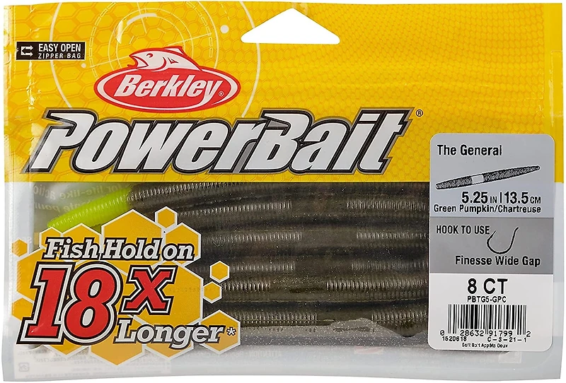 Berkley PBTG5-GPC Appât souple général PowerBait, Action Wiggle classique, nouvelles couleurs.  5-1/4" 8ct.  Vert Citrouille/Chartreuse PowerBait Bâton souple Appât, Citrouille/Chart