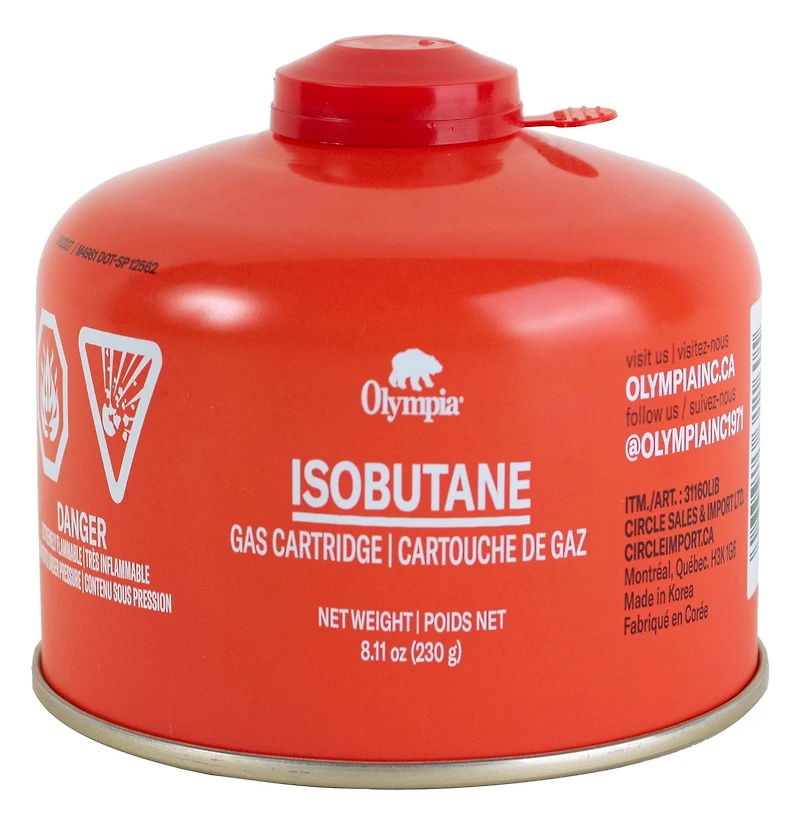 Olympia Isobutane Propane Fuel Canister. Easy use for camping. 230G Tin Can. Item Size: 10x10x8.9cm, Olympia 230G Isobutane