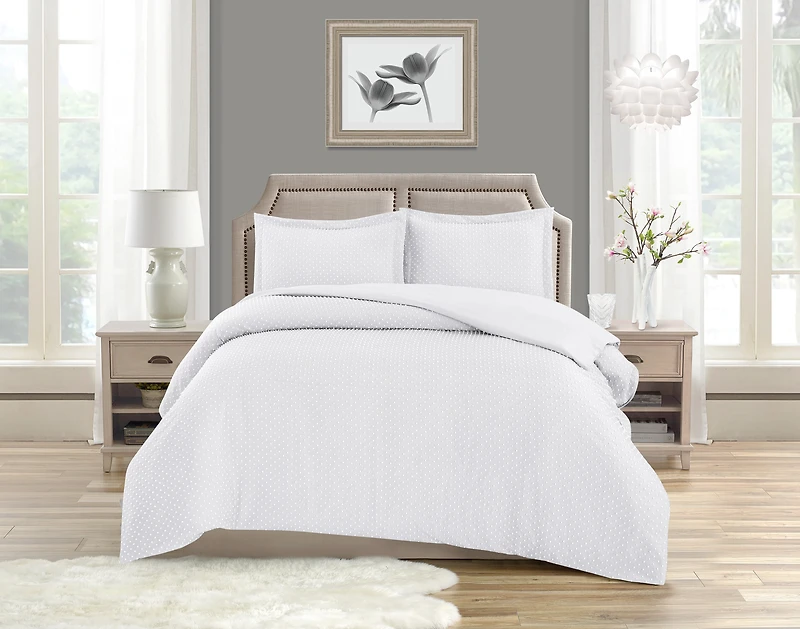 Ensemble de housse de couette à texture à pois Swift Home, literie douce toutes saisons avec fermeture éclair, simple, blanc