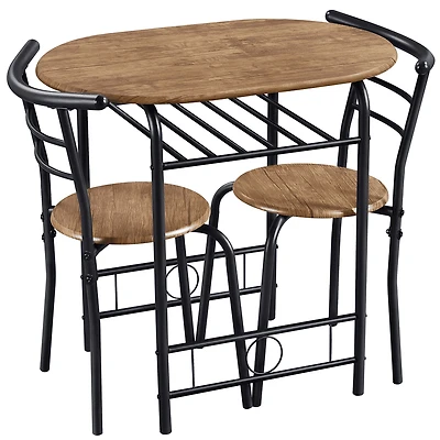 Fullfurnique Modern 3-piece Round Dining Table and 2 Chairs Set with Steel Legs, Brown