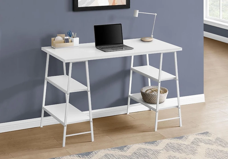Monarch Specialties Computer Desk, Home Office, Laptop, Storage Shelves, 48"l, Work, Metal, Laminate, White, Contemporary, Modern