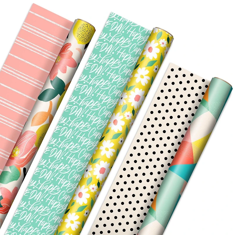 Papier d'emballage réversible, Hallmark (3 rouleaux – 75 pieds carrés au total), motifs floraux et abstraits, motif de citrons.