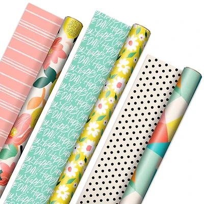 Papier d'emballage réversible, Hallmark (3 rouleaux – 75 pieds carrés au total), motifs floraux et abstraits, motif de citrons.