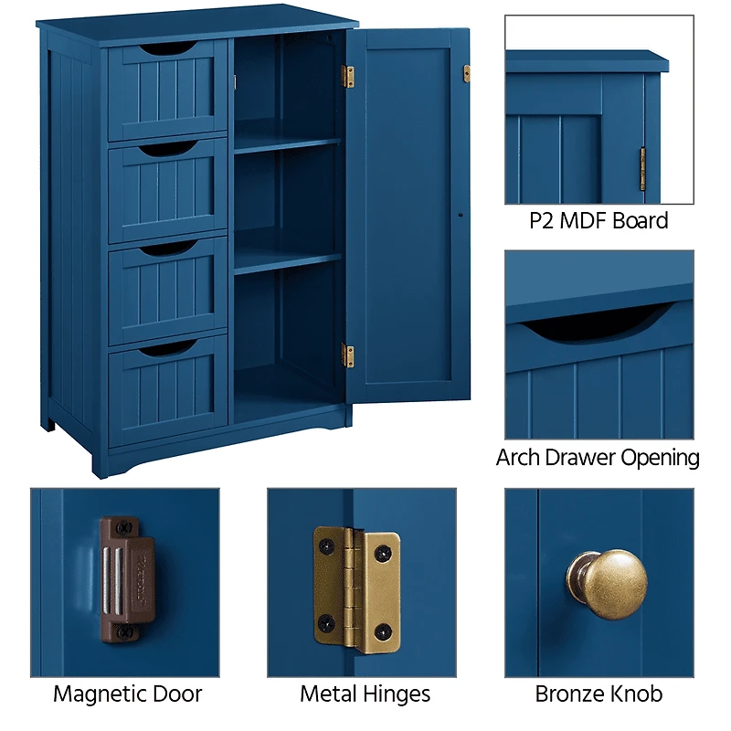 Fullfurnique Modern Wooden Freestanding Bathroom Floor Cabinet with 4 Drawers & Cupboard, Navy Blue
