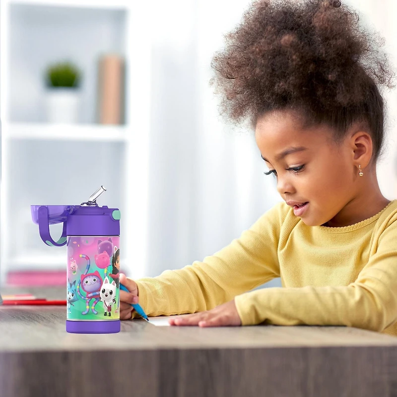Thermos Kids Bouteille d'eau isotherme Thermos pour enfants avec paille rabattable, 355 ml, Gabby's Dollhouse 12 Oz/354 ml, sans BPA