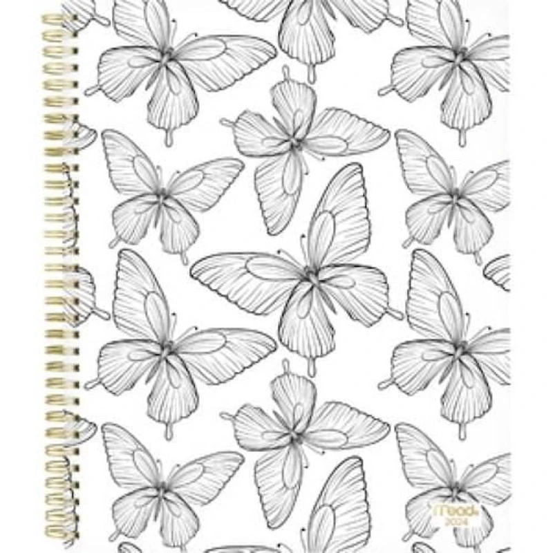 Grand Agenda Hebdomadaire/Mensuel 2024 Mead, Papillon, Noir Et Blanc