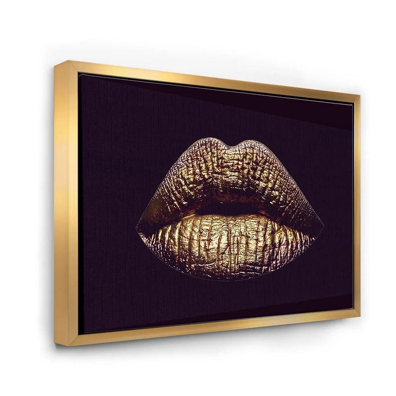 Designart Lèvres féminines métallisées dorées sexy II ART MURAL À CADRE FLOTTÉ