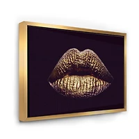 Designart Sexy Golden Metallized Female Lips II FLOAT FRAME WALL ART