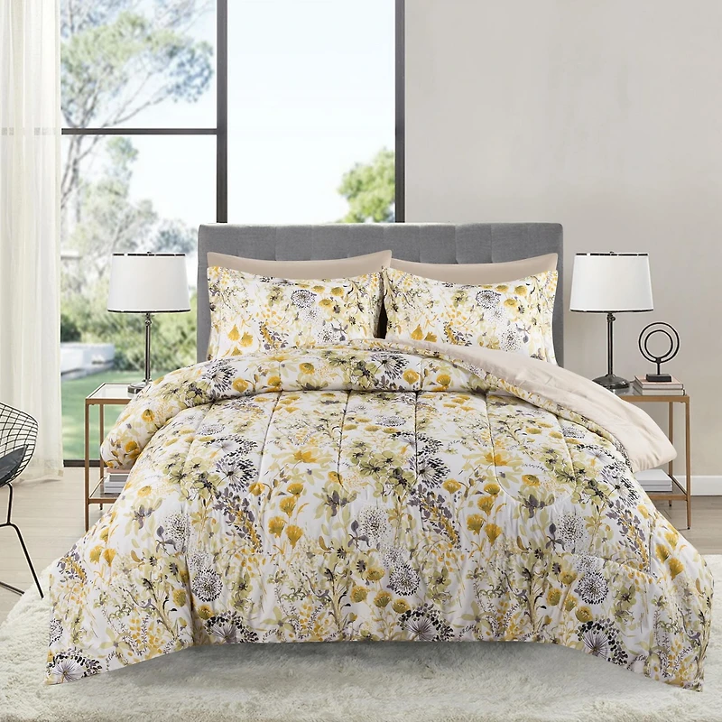 Literie Marina Décoration ultra douce et luxueuse en duvet d'oie, alternative au duvet d'oie, richement imprimée, avec draps et motif floral d'hortensia moderne