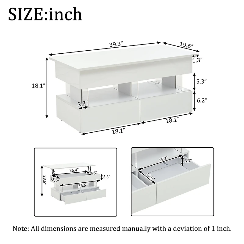 Table basse relevable Noble House avec éclairage DEL et 2 tiroirs, blanche