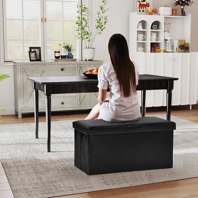 Homy Casa 2 Pack Folding Ottoman Chair with Storage, Black Faux Leather, Multipurpose Use